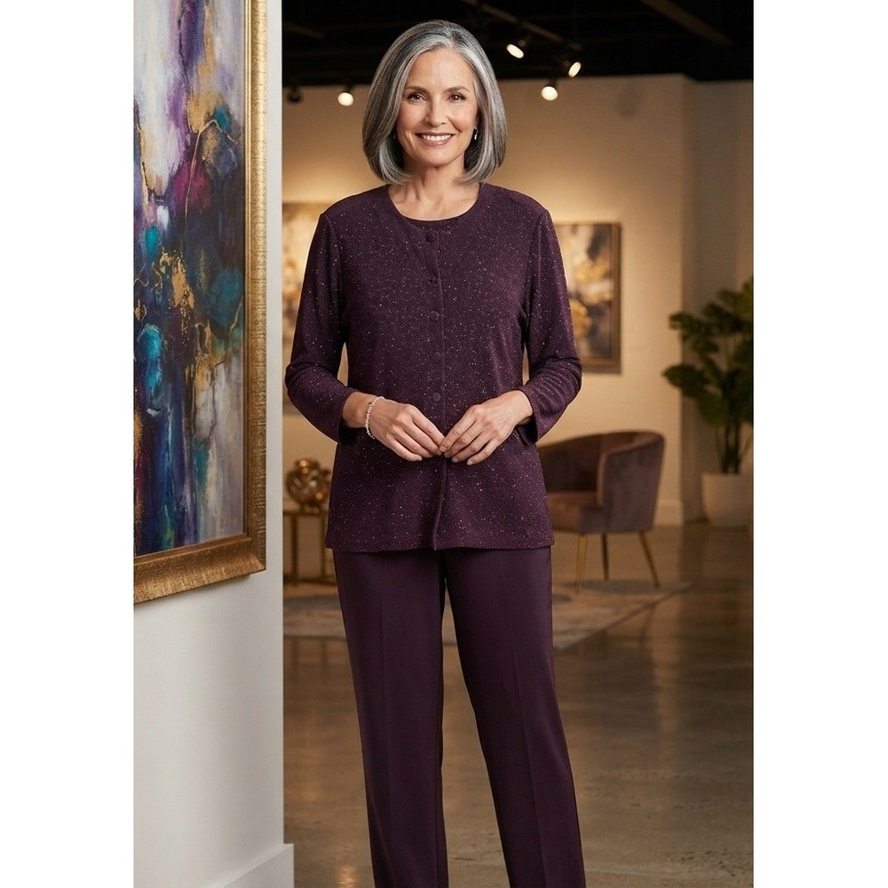 VTG Sheri Martin Top & Pants Set Women's 18 Purple Sequin Glam Evening Party USA